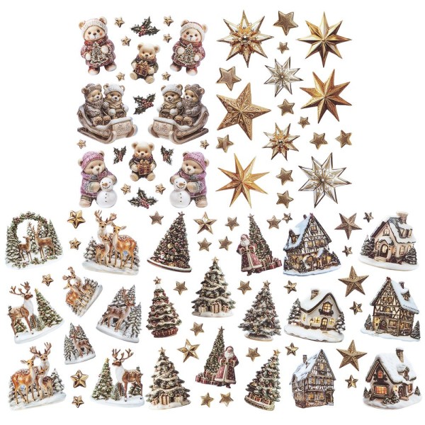 3-D Relief-Sticker, Porzellan-Optik, Winter/Weihnachten, versch. Größen, 5 Bogen