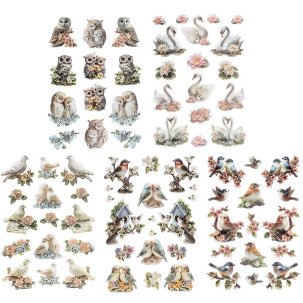 3-D Relief-Sticker, Porzellan-Optik, Vögel, versch. Größen, 5 Bogen
