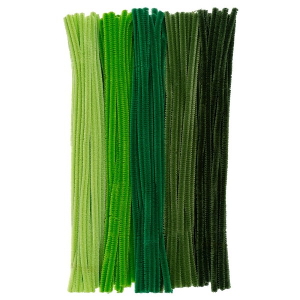 Chenille-Drähte, Grüntöne, 30cm lang, Ø 6mm, 5 verschiedene Farben, 100 Stück