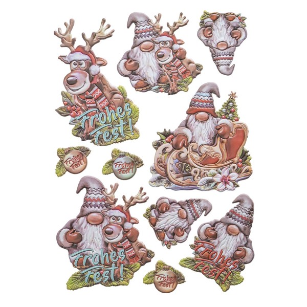 3-D Relief-Sticker, Wichtel mit Rentier Rudolph, versch. Größen, selbstklebend