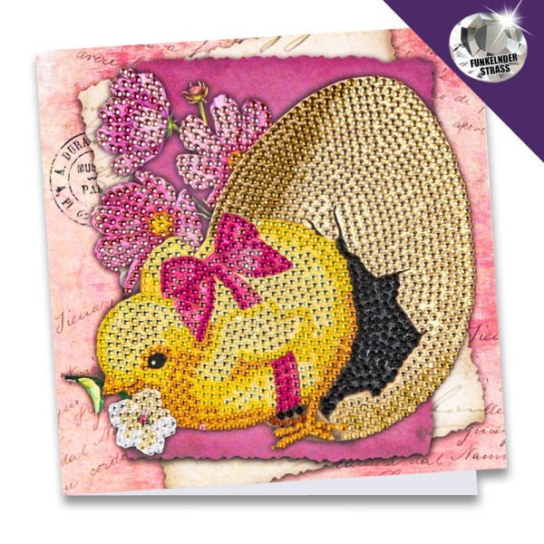 Diamond-Painting-Grußkarte, Strass, Küken mit Ei & fuchsiafarbenen Blüten, 16cm x 16cm, inkl Zubehör