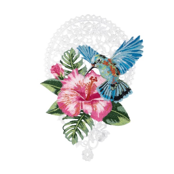 Stick-Design XL, Kolibri mit Hibiskus, 25cm x 17,7cm, farbig, mit Aufhänge-Öse