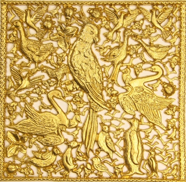 Wachsornament-Platte Vögel, 16 x 16 cm, gold