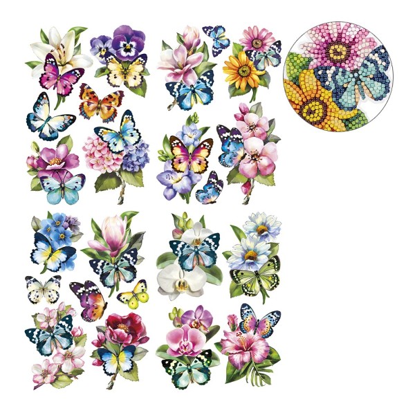 Diamond-Painting-Sticker, Blüten & Schmetterlinge 2, DIN A4, inkl. Schmucksteine, 4 Bogen