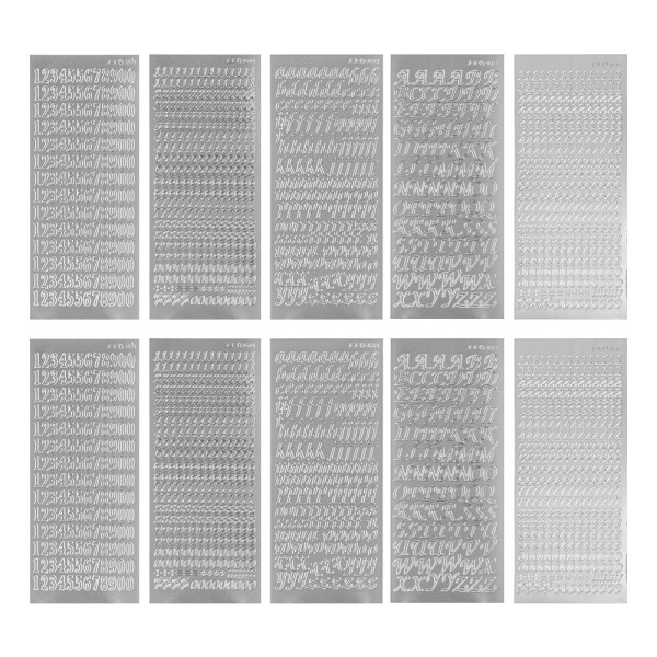 Sticker, Buchstaben und Zahlen, Perlmutt- und Spiegelfolie, versch. Designs, silber, 10 Bogen