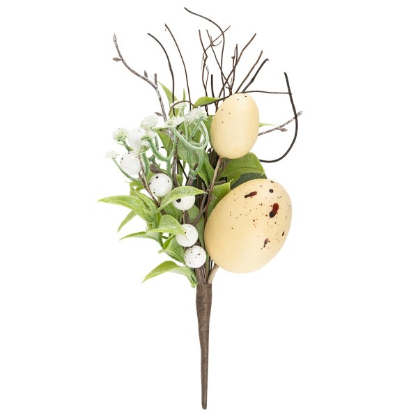 Deko-Strauß Osterzeit, 22cm lang, mit vanillegelben Eiern, weißen Beeren und Blüten