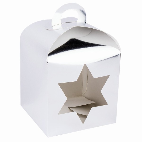 Faltboxen mit Stern-Ausstanzungen, geklebt, 11,5cm x 11,5cm x 11,5cm, Spiegelkarton, silber, 10 Stüc