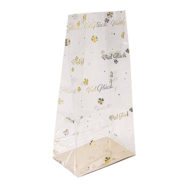 Blockbodenbeutel, Viel Glück, 12cm x 8cm, 25cm hoch, mit Goldfoliendruck, 30 Stück