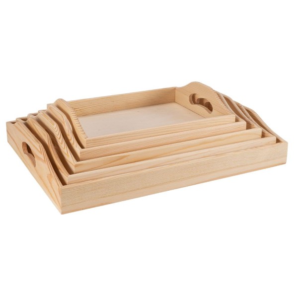 Tabletts, Holz, mit Tragegriff, verschiedene Größen, 5 Stück