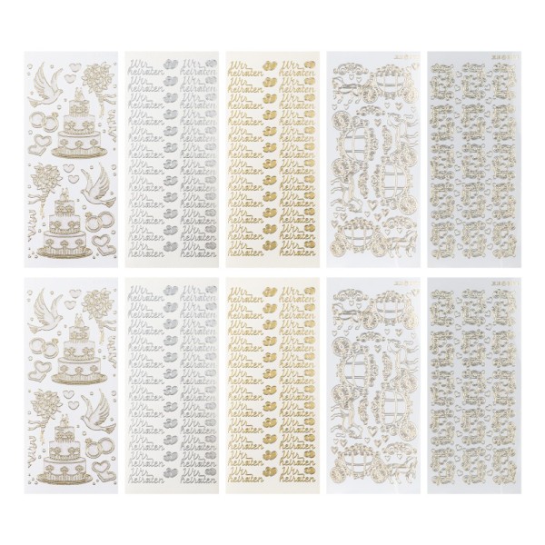 Sticker, Hochzeit 2, Perlmutt- und Lackfolie, 5 verschiedene Designs, 10 Bogen