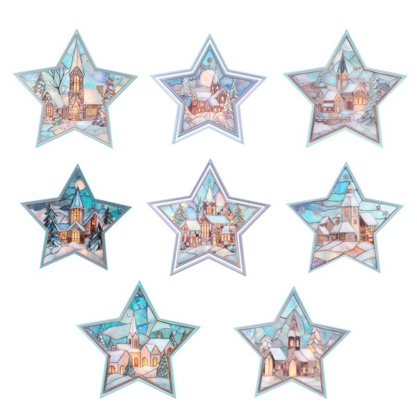 Motiv-Windradfolien, Perlmutt-Mosaik-Optik, Sterne, Winterdörfer, 23,8cm x 24,9cm, 8 Designs, 8 Stk