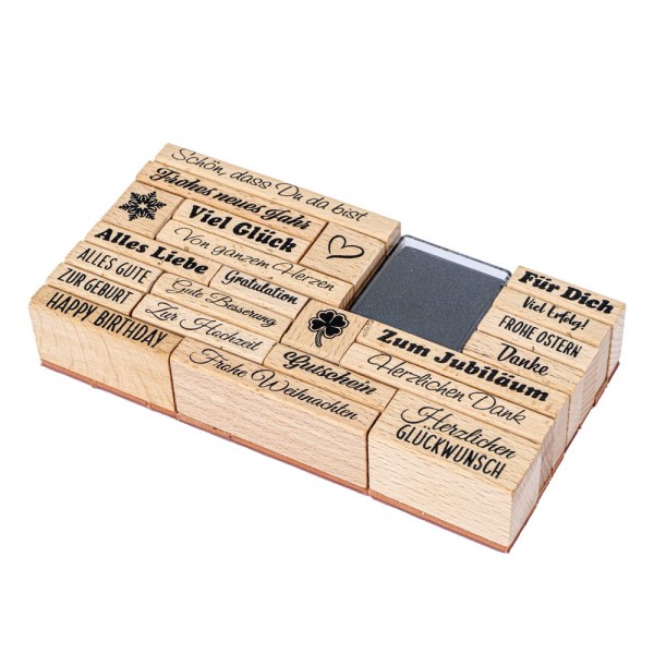 Stempel-Set, Anlässe, 23 Stempel, 1 Stempelkissen schwarz