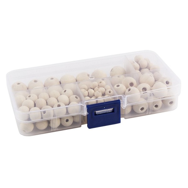 Holzperlen, in verschiedenen Größen, inkl. Sortierbox, 150 Perlen