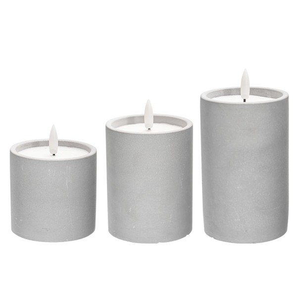 LED-Echtwachskerzen in Beton-Gefäß, 7,4-12,4cm hoch, rund & glatt, inkl. Timer, 3 Stück