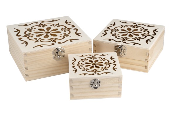 Boxen, Holz, quadratisch, mit Laser-Ornamentik, verschiedene Größen, 3 Stück