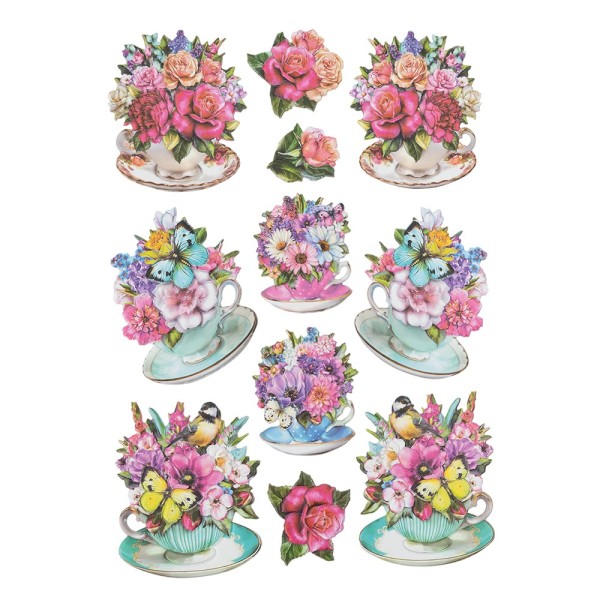3-D Relief-Sticker, Blumen in Tassen 1, verschiedene Größen, selbstklebend