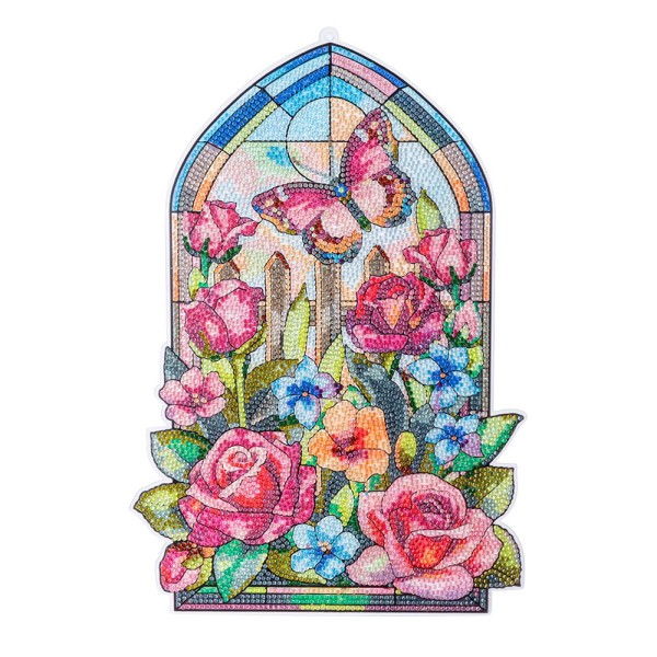 Diamond-Painting-Fensterbild, Glaskunst-Optik XL, Rosen mit Schmetterling, 24...