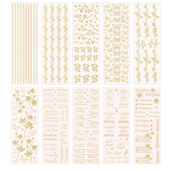 Aqua-Transfers Deluxe, Wünsche, Floristik & Bordüren, 10cm x 30cm, Goldfolie, 10 Bogen