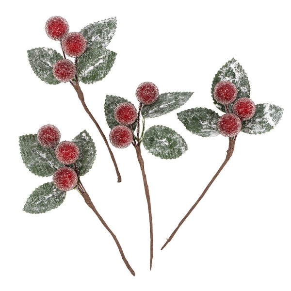 Deko-Zweige, gefrostete Beeren, 12cm lang, 6cm breit, 3 rote Beeren à Ø1,5cm je Zweig, 4 Stück