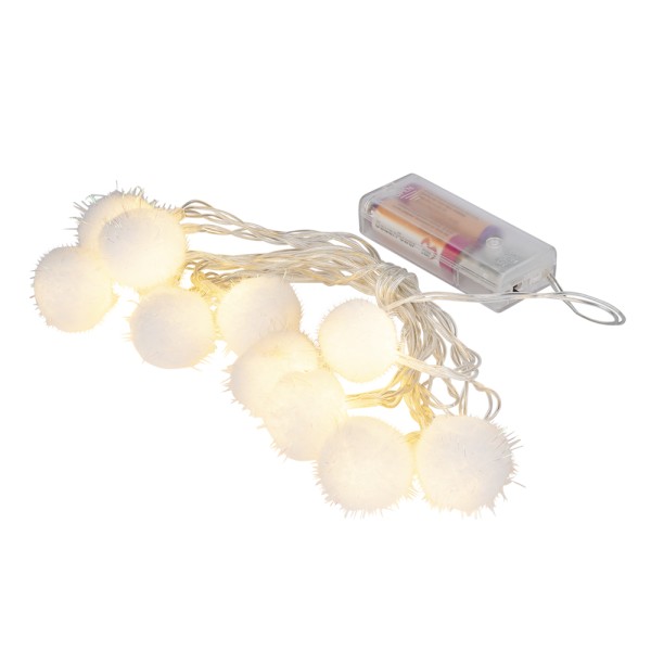 LED-Lichterkette, irisierende Pompons, weiß, 10 LEDs in Warmweiß, 3,5m lang, Timer