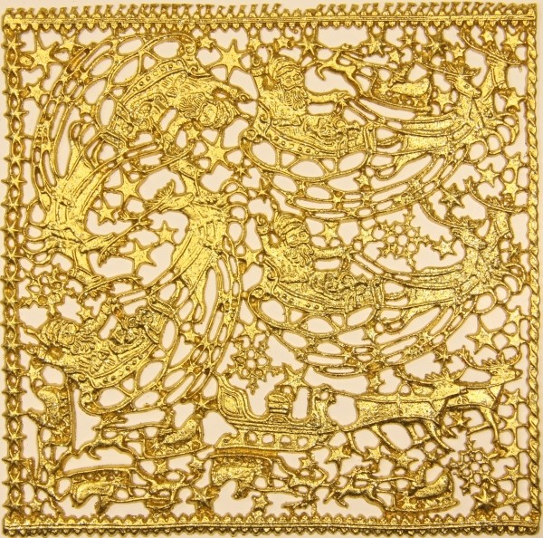 Wachsornament-Platte Rentierschlitten, 16 x 16 cm, gold