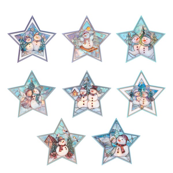 Motiv-Windradfolien, Perlmutt-Mosaik-Optik, Sterne, Schneemänner, 23,8cm x 24,9cm, 8 Designs, 8 Stk