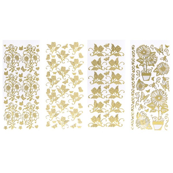 Stickerbogen, Blumen, Spiegelfolie, gold, 4 Stück