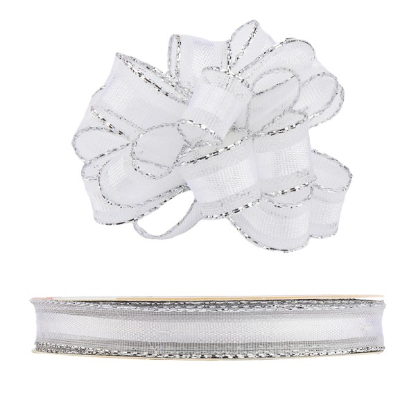 Ziehrüschen-Band, Organza mit Silberkante, 1cm breit, 10m lang, weiß