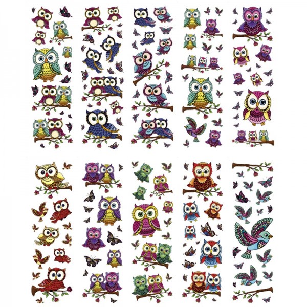 Transparent-Stickerbogen, Eulen & Vögel, 10x30cm, 10er Set