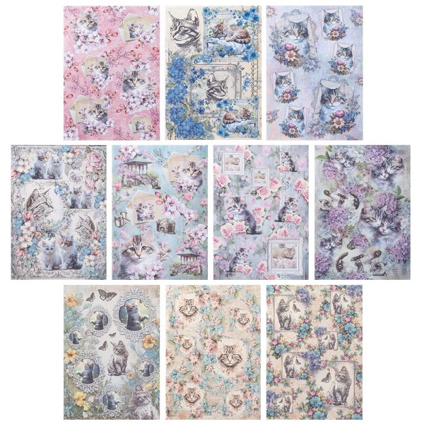 Selbstklebende Stoffe, Katzen, DIN A4, verschiedene Designs, 10 Stück