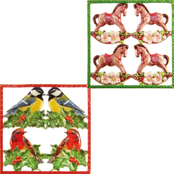 Wachsornament-Platten, farbig, Vogel & Schaukelpferd, 2er Set