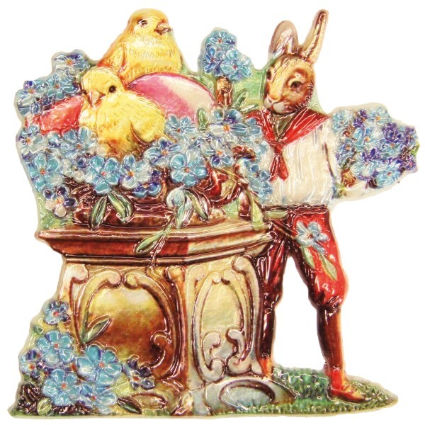 Wachsornament Hase mit Blumentisch, 7,5 x 7,5 cm