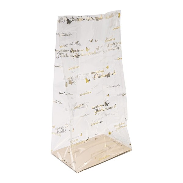 Blockbodenbeutel, Gratulation, 12cm x 8cm, 25cm hoch, mit Goldfoliendruck, 30 Stück