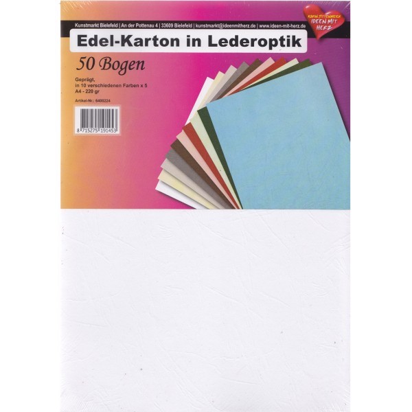 Edel-Karton in Lederoptik, DIN A4, 10 Farben, 50 Bogen