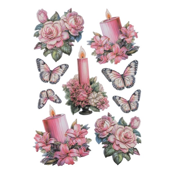 3-D Relief-Sticker, Kerzen mit Blumen 2, Folienveredelung Hellgold, versch. Größen, selbstklebend