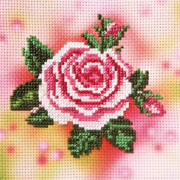 Stickbild-Set, malerischer Hintergrund,  14,5x14,5cm, Rose