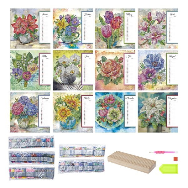 DiamondPaintingKalender, Blumen für 2024 & 2025, inkl. Zubehör