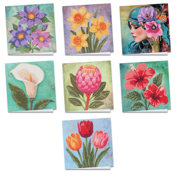 Diamond-Painting-Grußkarten, Blumen, je 16cm x 16cm, inkl. Umschläge, 7 Stück