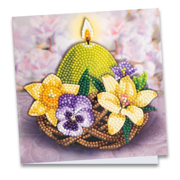 Diamond-Painting-Grußkarte, Kerze im Nest mit Blüten, 16cm x 16cm, inkl. Zubehör