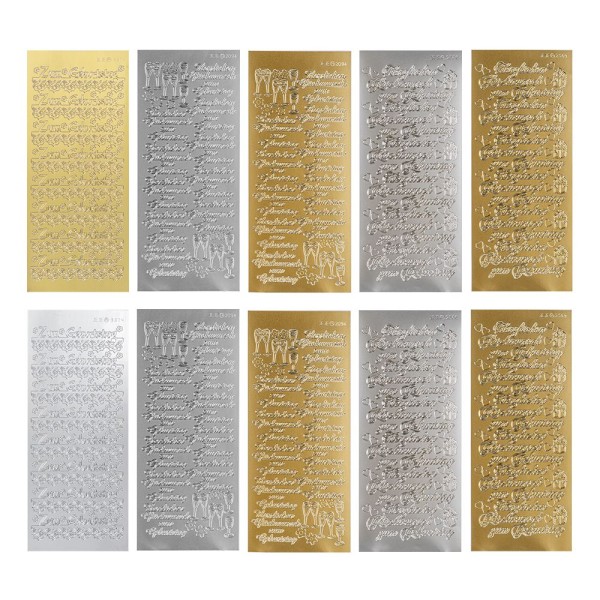 Sticker, Glückwünsche 1, Perlmutt- und Spiegelfolie, gold und silber, 5 Designs, 10 Bogen