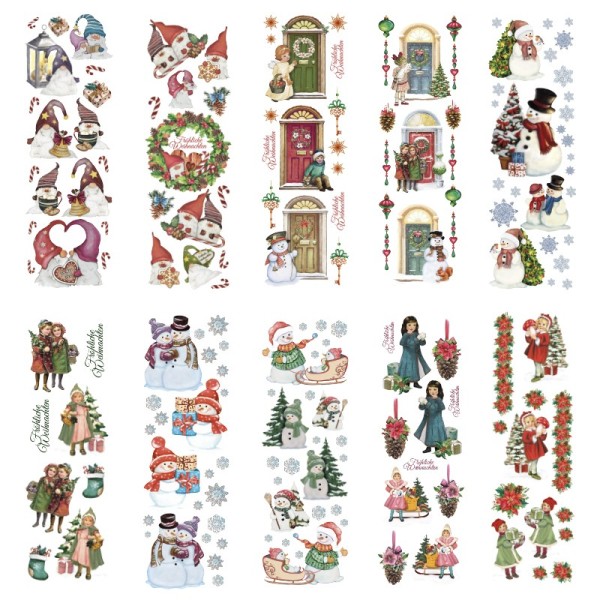 Transparent-Stickerbogen, Wichtel, Schneemänner & Winterkinder, versch. Designs, 10cmx30cm, 10 Bogen