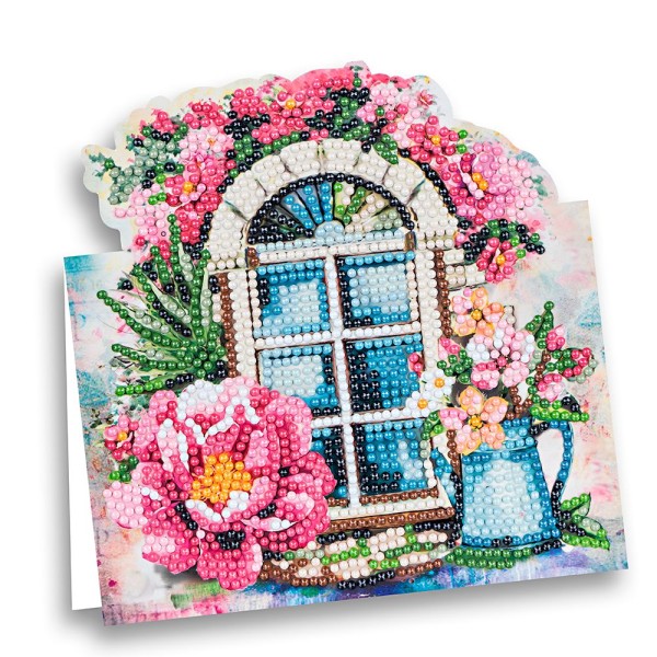 Diamond-Painting-Aufstellkarte, Fenster mit Blumen, 16,3cm x 16cm, inkl. Zubehör