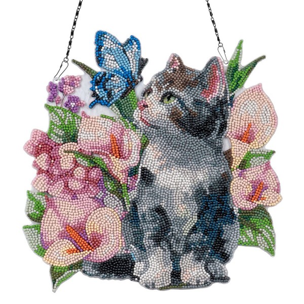 Diamond-Painting-Fensterbild, Acryl, XL, Katze mit Blumen, 30,7cm x 30,9cm, 1,7mm stark, mit Kette