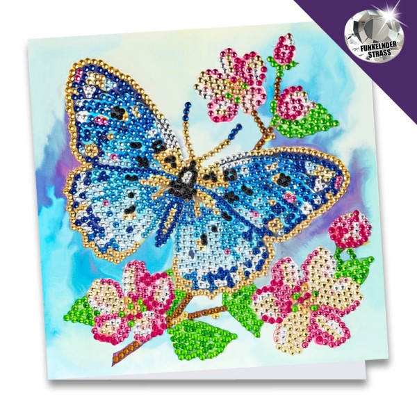 Diamond-Painting-Grußkarte, Strass, Blauer Schmetterling mit Blüten, 16cm x 16cm, inkl. Zubehör