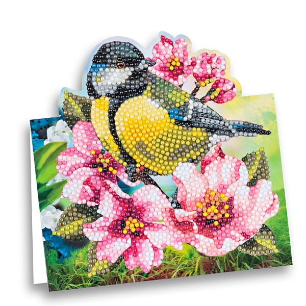 Diamond-Painting-Aufstellkarte, Kohlmeise mit Blüten, 16,3cm x 16cm, inkl. Zubehör