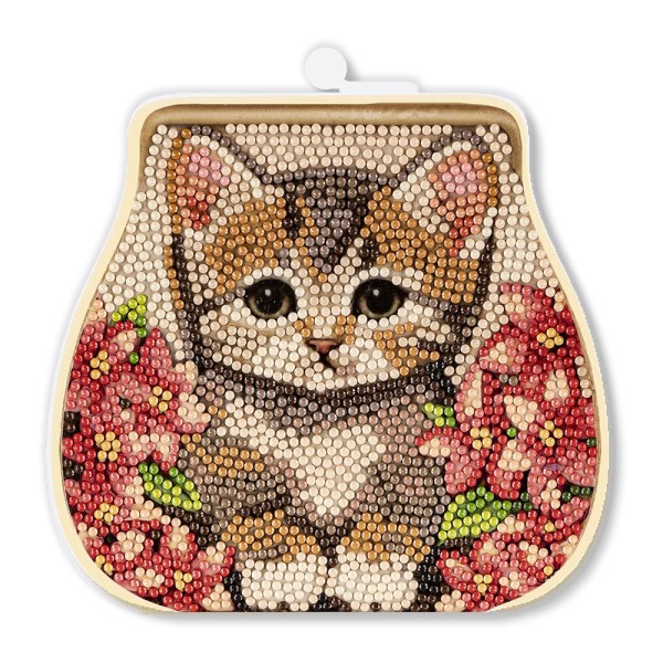 Diamond-Painting-Grußkarte Portemonnaie, Katze mit roten Blüten, inkl. Einleger & Umschlag