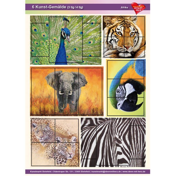 Kunst-Gemälde, A4 Bogen, 6 Stück, 3-/4-tlg, Afrika