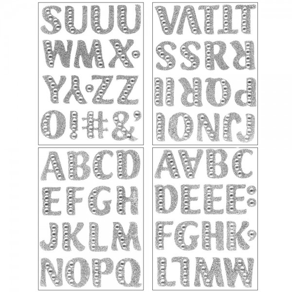 Glitzer-Sticker, Alphabet 2, 11cm x 15cm, silber, mit Schmucksteinen, 4 Bogen