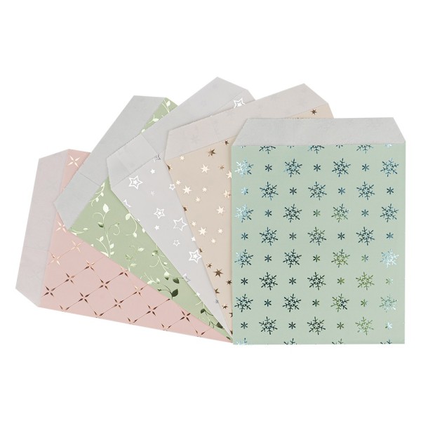 Papier-Flachbeutel, 13cm x 18cm, 5 Farben mit Foliendruck, 50 Stück