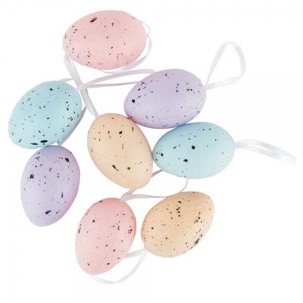 Deko-Eier Osterzeit; Ø4cm, 6cm hoch, gesprenkelt, 4 Farben, zum Aufhängen, 8 Stück